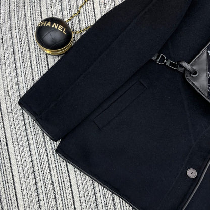 LV 25FW Double-Faced Wool Coat Jacket Lambskin Edge Black 311694