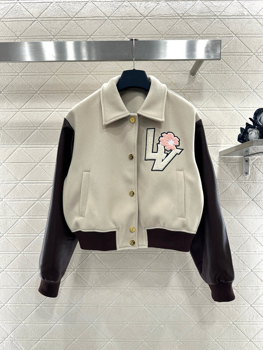 LV 26 Patchwork Leather Baseball Wool Jacket