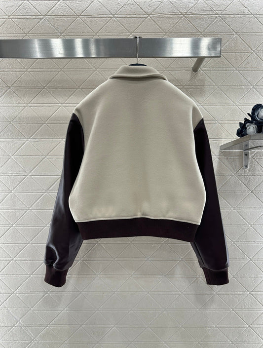 LV 26 Patchwork Leather Baseball Wool Jacket