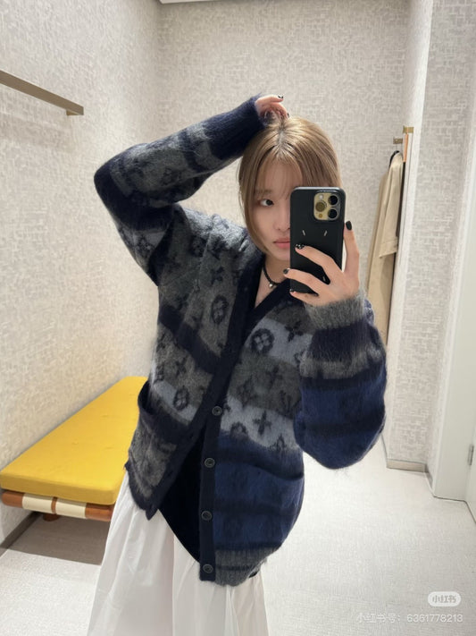 LV 25 Monogram Color Block Mohair V-Neck Cardigan