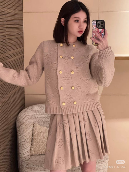 LV 25 Pattern Gold Button Cardigan + Pleated Mini Skirt