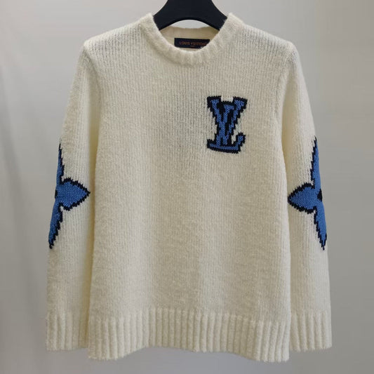 LV Solid Letter Jacquard Crew Neck Knit White Long Sleeve