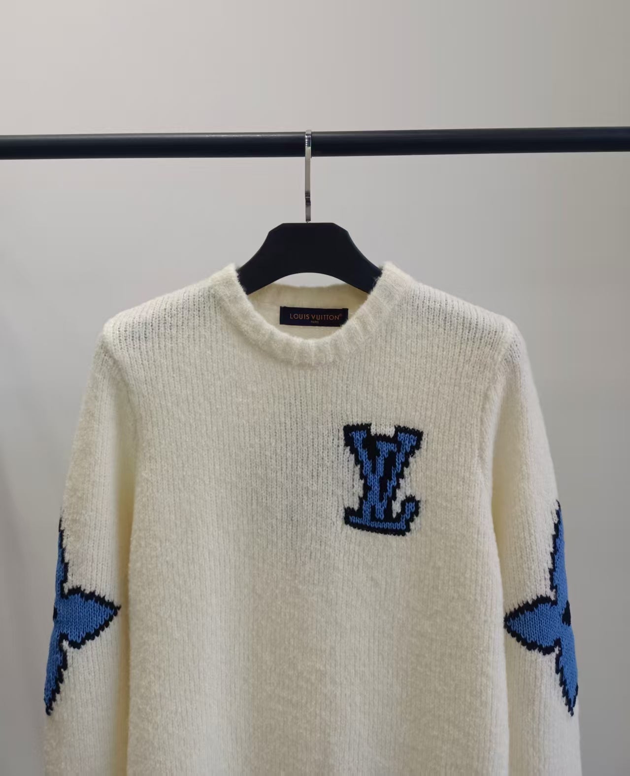 LV Solid Letter Jacquard Crew Neck Knit White Long Sleeve