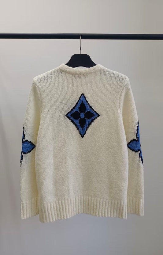 LV Solid Letter Jacquard Crew Neck Knit White Long Sleeve