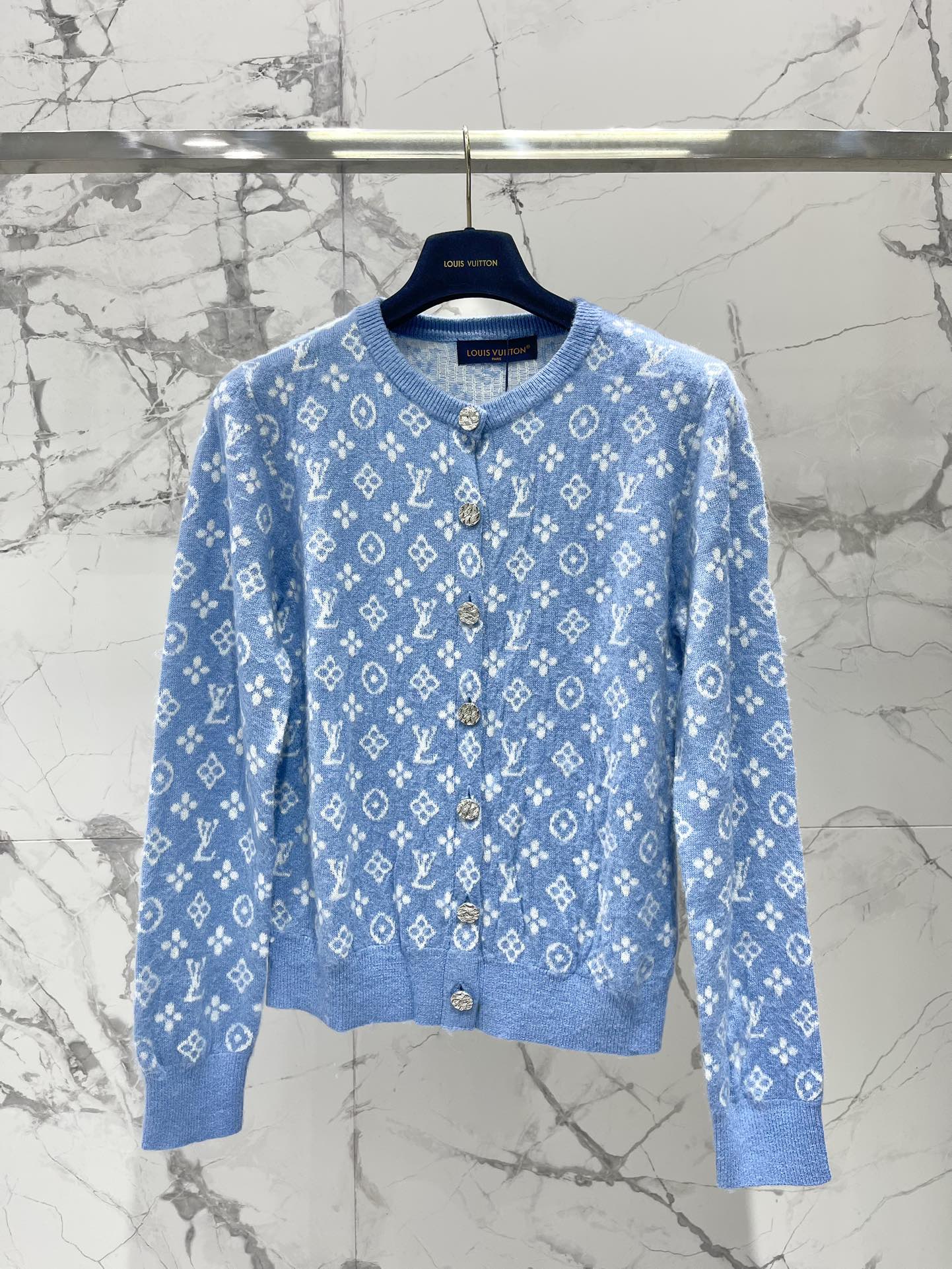 LV Monogram Jacquard All-over Print Blue Cardigan with Monogram Pattern