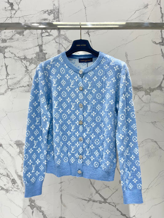 LV Monogram Jacquard All-over Print Blue Cardigan with Monogram Pattern