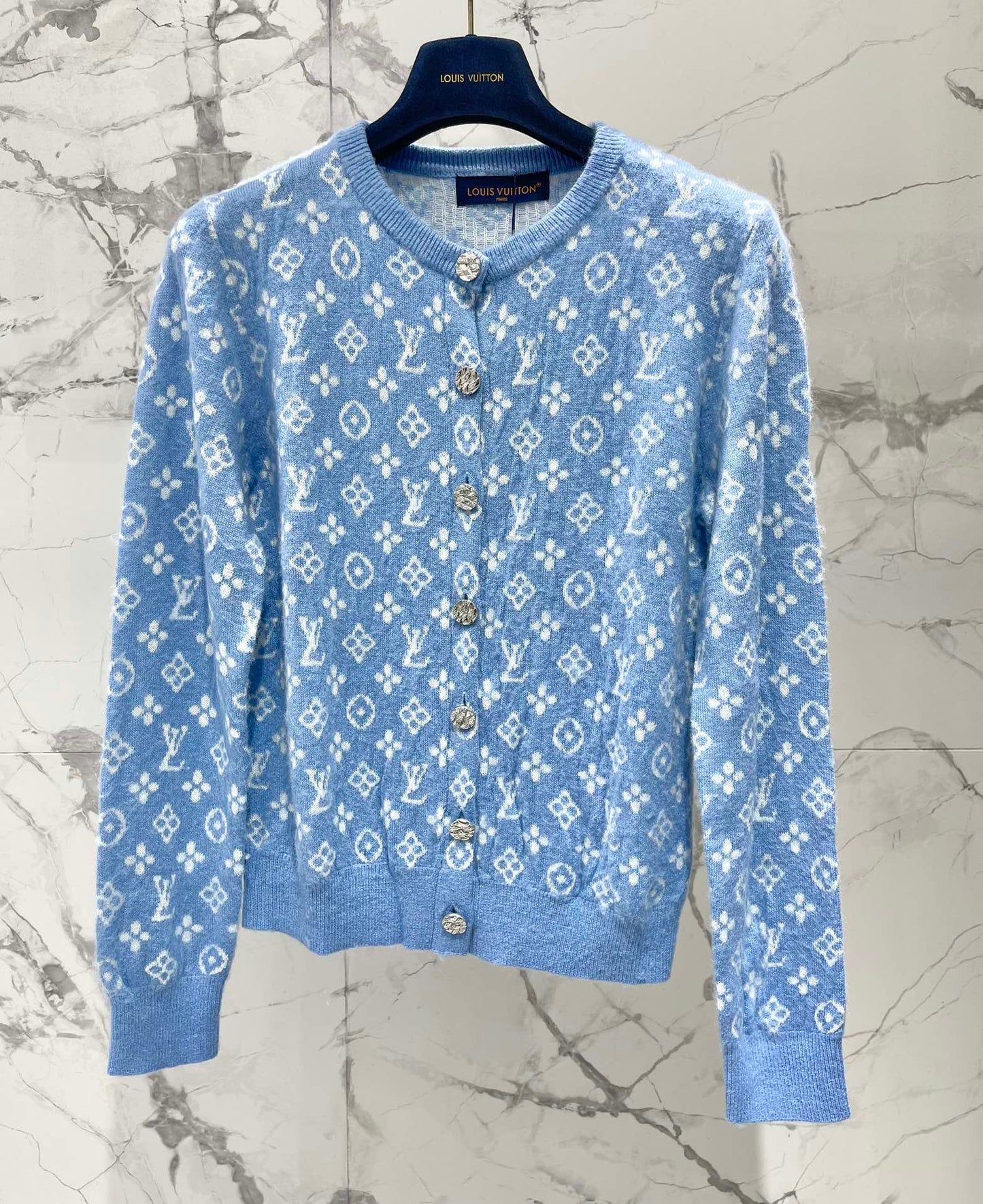 LV Monogram Jacquard All-over Print Blue Cardigan with Monogram Pattern