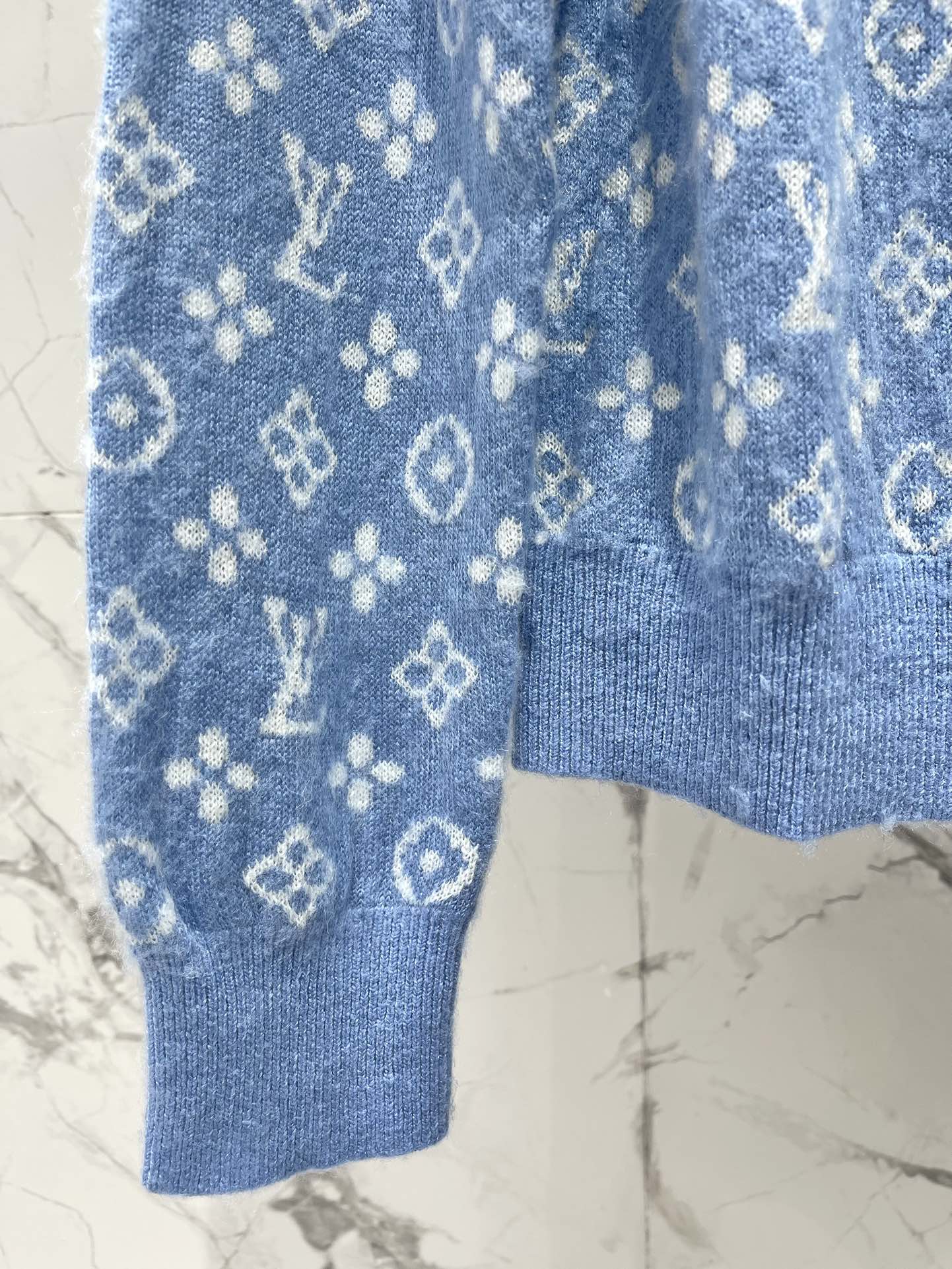 LV Monogram Jacquard All-over Print Blue Cardigan with Monogram Pattern