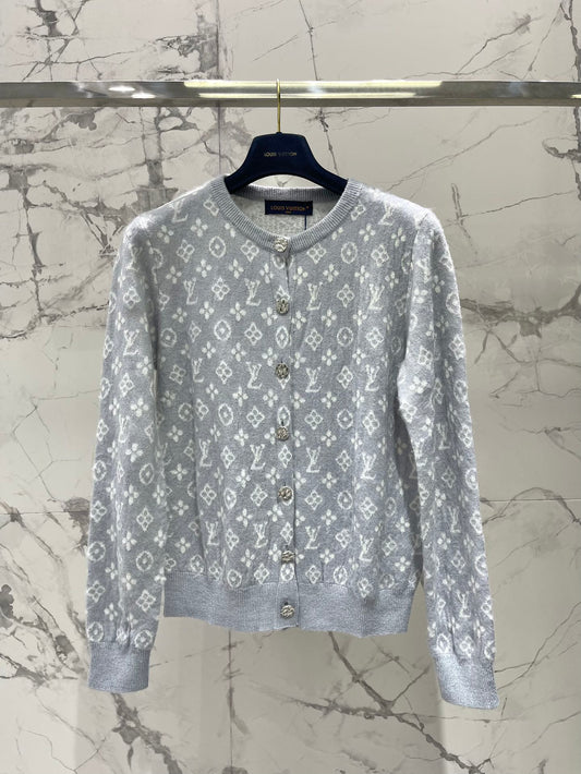 LV Monogram Jacquard All-over Print Gray Cardigan with Monogram Pattern
