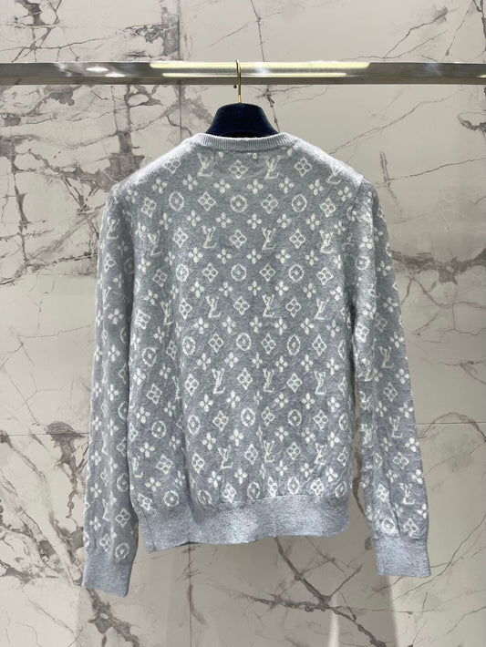 LV Monogram Jacquard All-over Print Gray Cardigan with Monogram Pattern