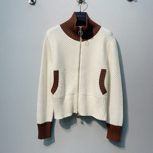 LV 25 New Knitted Stand Collar Patchwork Zipper Top
