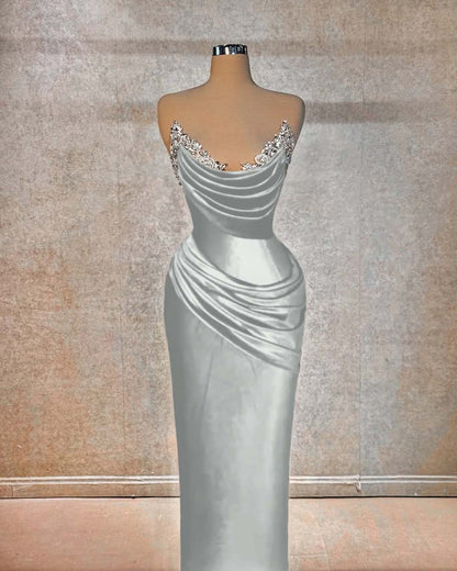 Red Sleeveless Strapless Mermaid Pleated Beads Prom Dress
