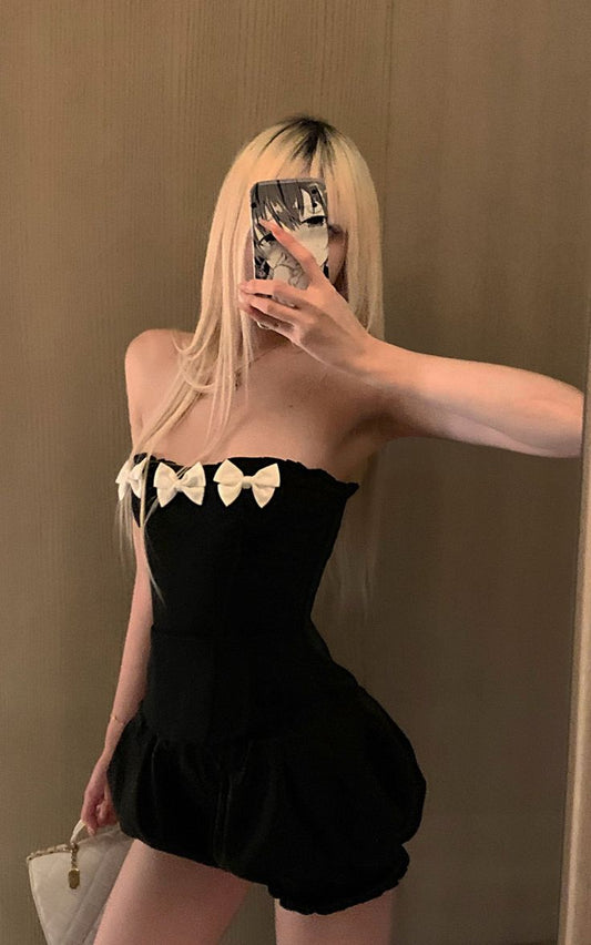 Cute A Line Strapless Black Satin Mini Homecoming Dress with White Bow SH3265