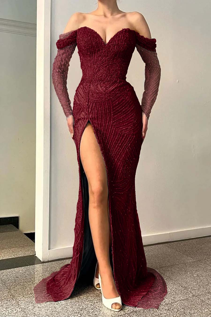Blue Long Sleeves Off-The-Shoulder Sweetheart Sequins Evening Dress With Split Mermaid