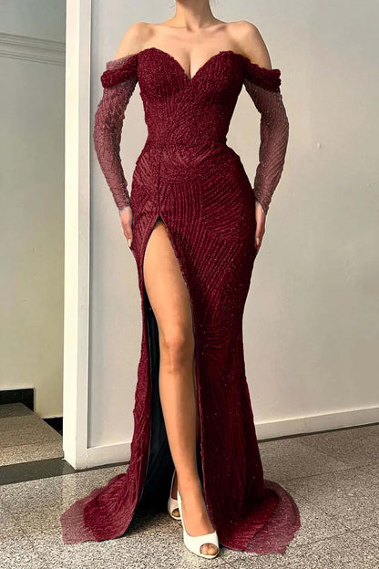 Blue Long Sleeves Off-The-Shoulder Sweetheart Sequins Evening Dress With Split Mermaid