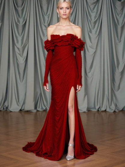 Long Sleeves Strapless Mermaid Slit Prom Dress With Sequins