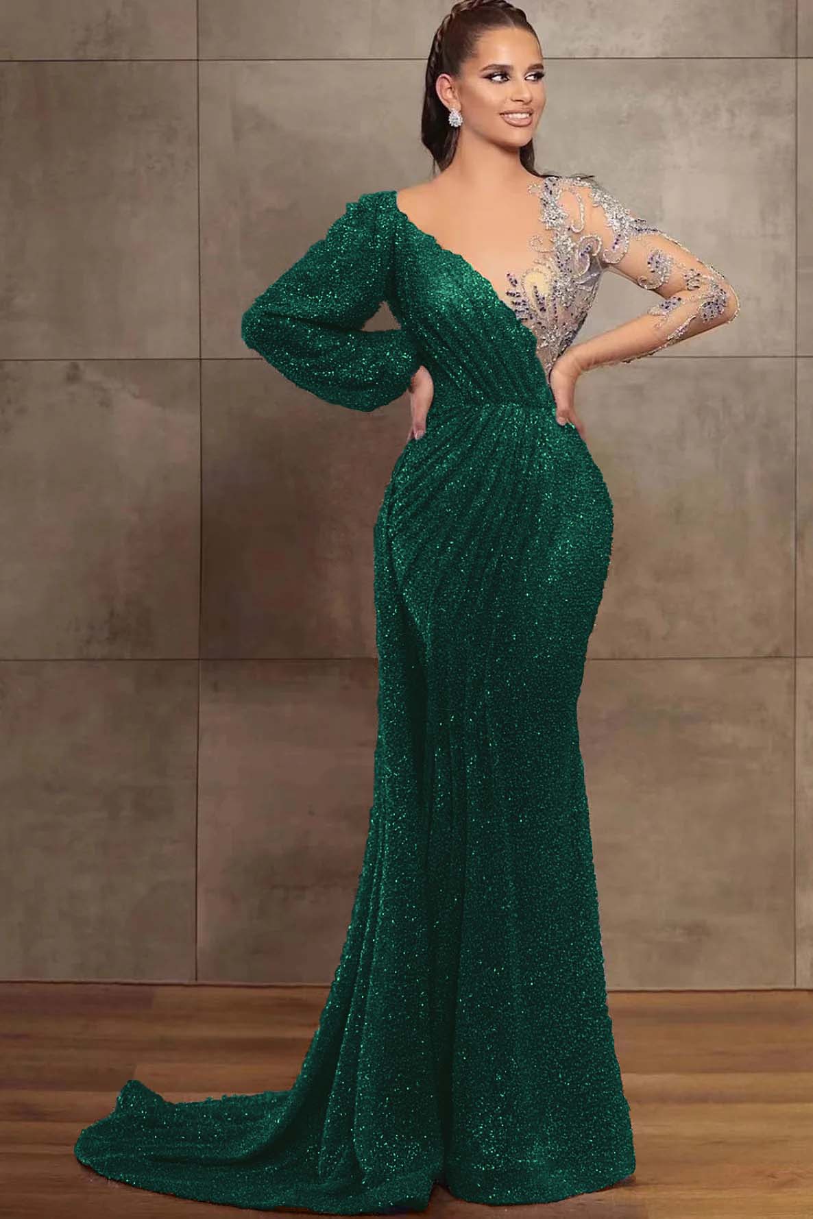 Amazing V-Neck Long Sleeves Mermaid Evening Dress With Sequins Beads