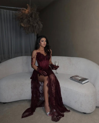Sexy Sleeveless Strapless Lace Sweetheart Long Slit Prom Dress With Gloves