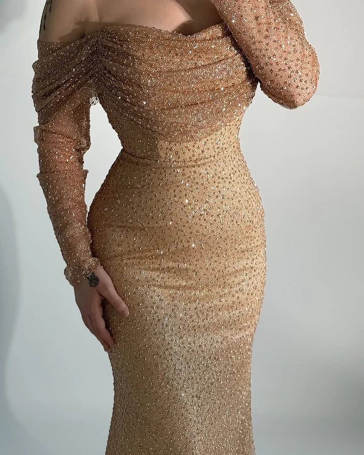 Glamorous Off-The-Shoulder Long Sleeves Beads Mermaid Prom Dress