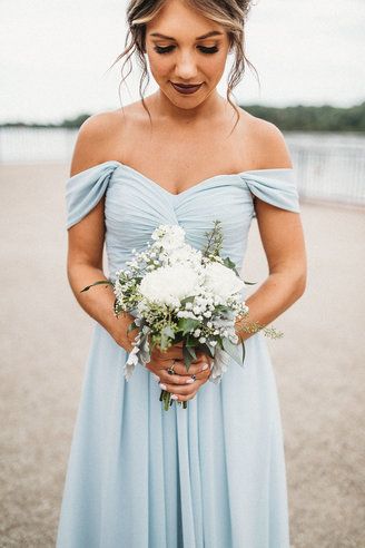 Blue Off-The-Shoulder Floor Length Backless Sleeveless Chiffon Bridesmaid Dresses SH2550