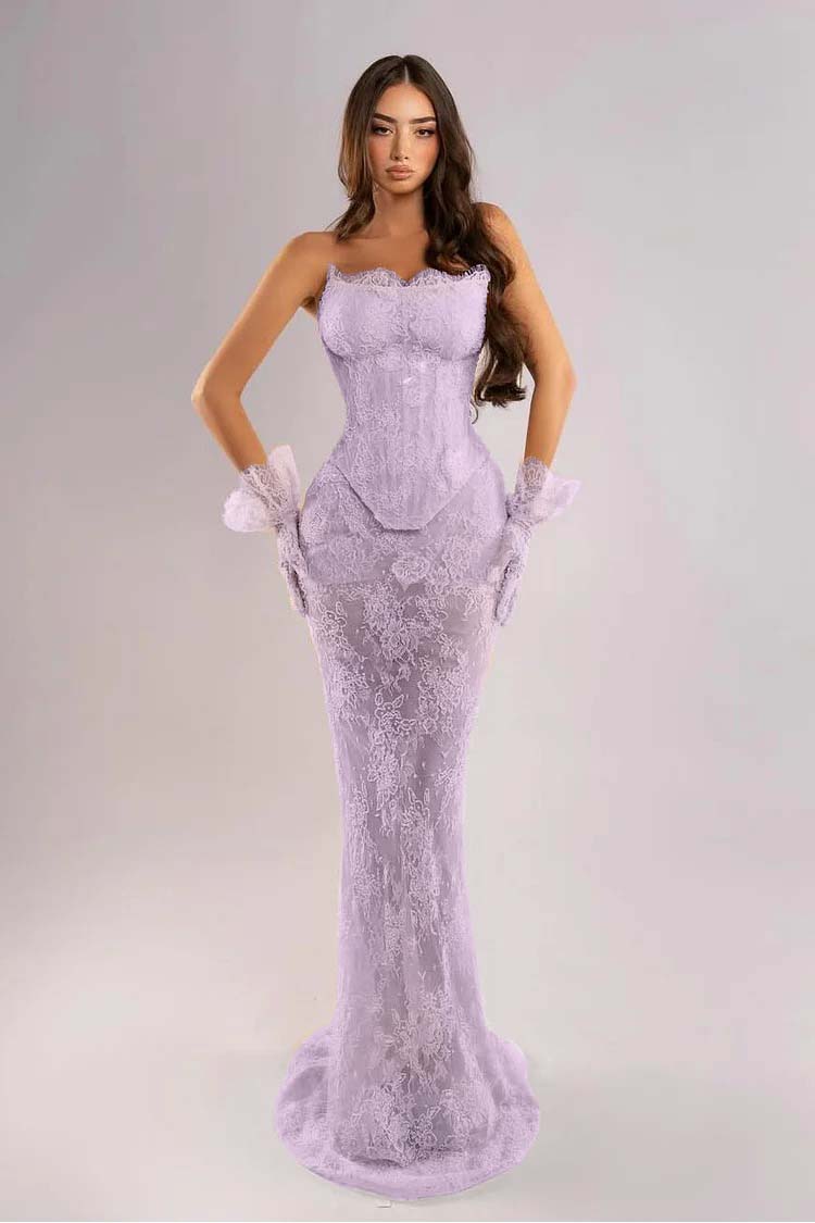 Strapless Sleeveless Long Mermaid Evening Dress With Lace Embroidery Gloves