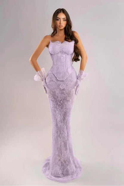 Strapless Sleeveless Long Mermaid Evening Dress With Lace Embroidery Gloves