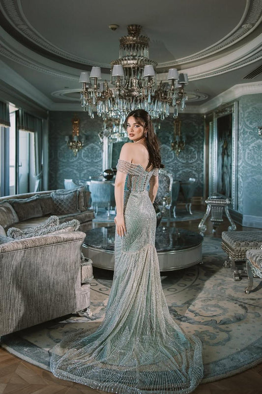 Glamorous Blue Sequins Off the Shoulder Long Mermaid Prom Dress with Beadings