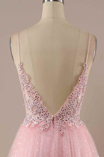 V-Neck Open Back Tulle A-Line Long Party Prom Dress