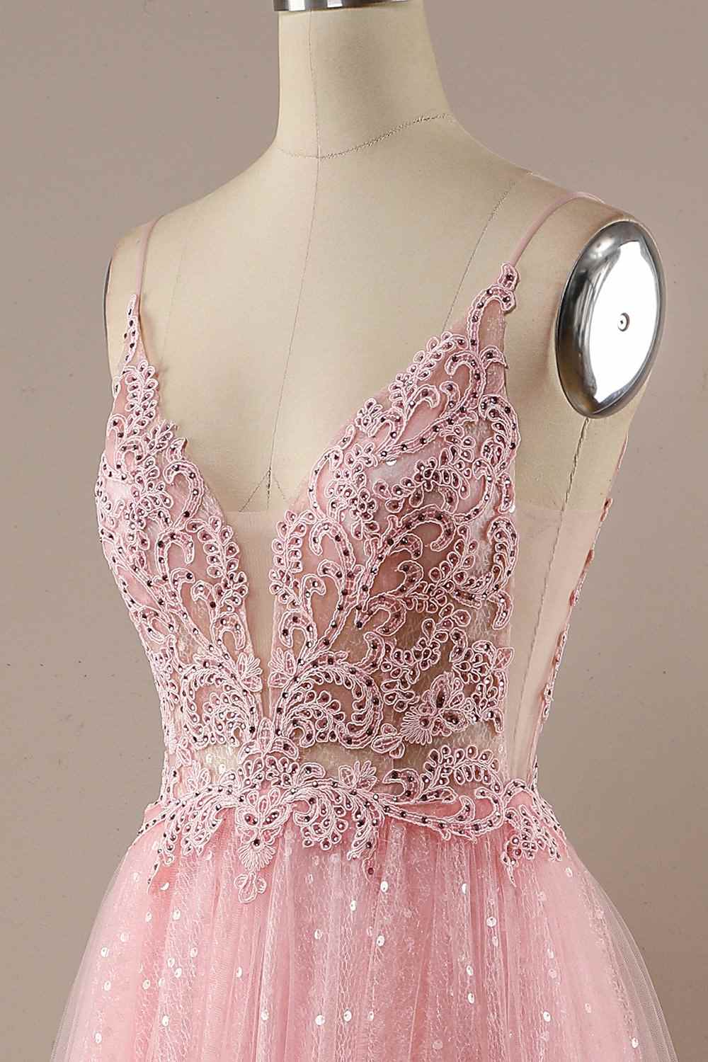 V-Neck Open Back Tulle A-Line Long Party Prom Dress