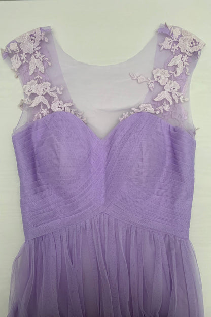 Lavender A-line Illusion Tulle Pleated Lace Long Bridesmaid Dress