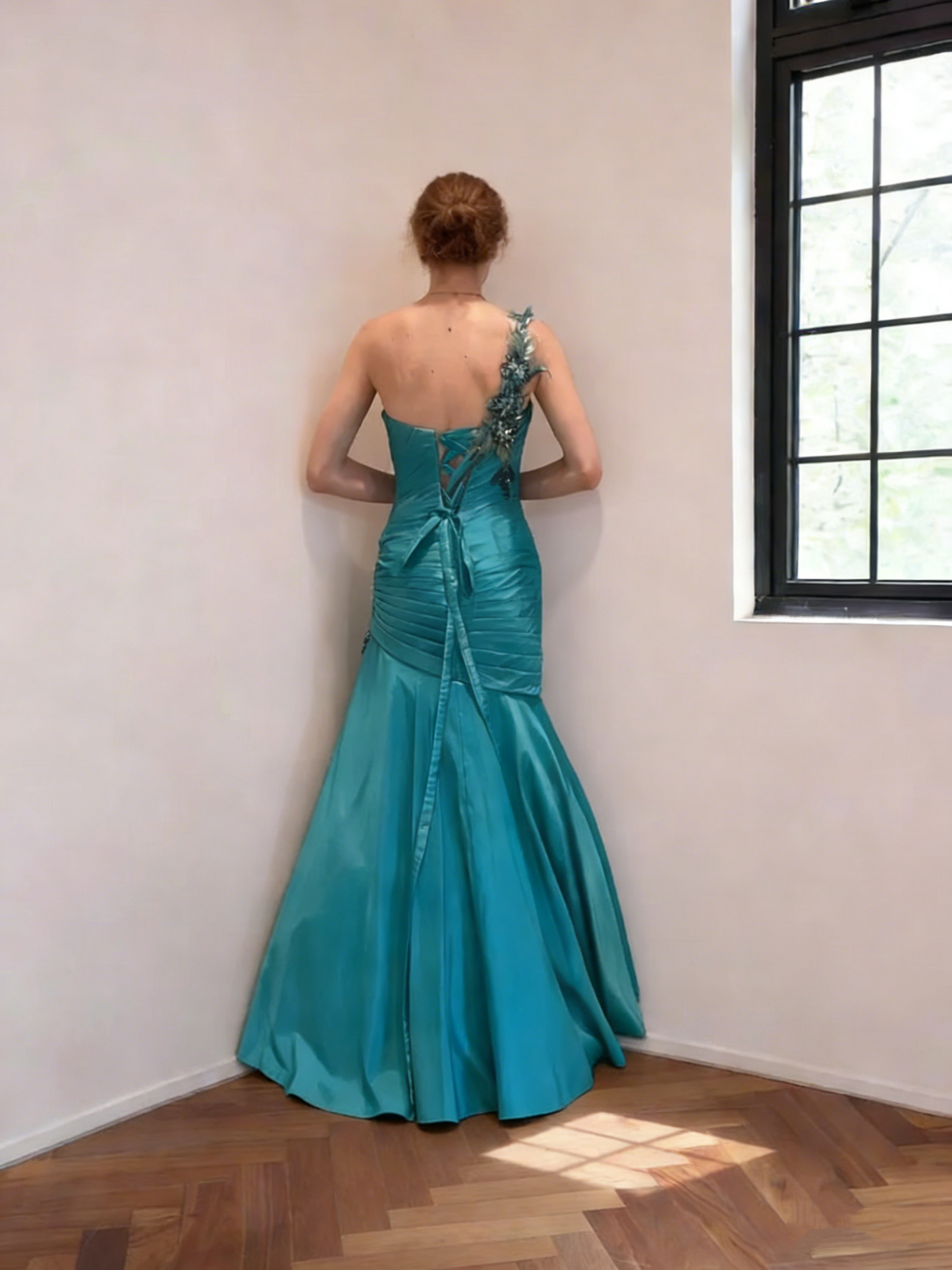 Beautiful Teal Blue One Shoulder Satin Pleated Mermaid Evening Gown Long Birthday Party Dresses SP1687