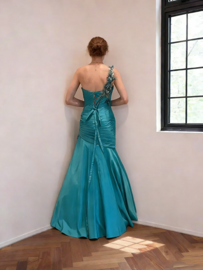 Beautiful Teal Blue One Shoulder Satin Pleated Mermaid Evening Gown Long Birthday Party Dresses SP1687