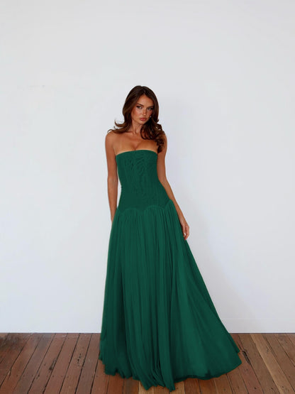 Charming Straight Across Sleeveless Pleated Tulle Evening Dress