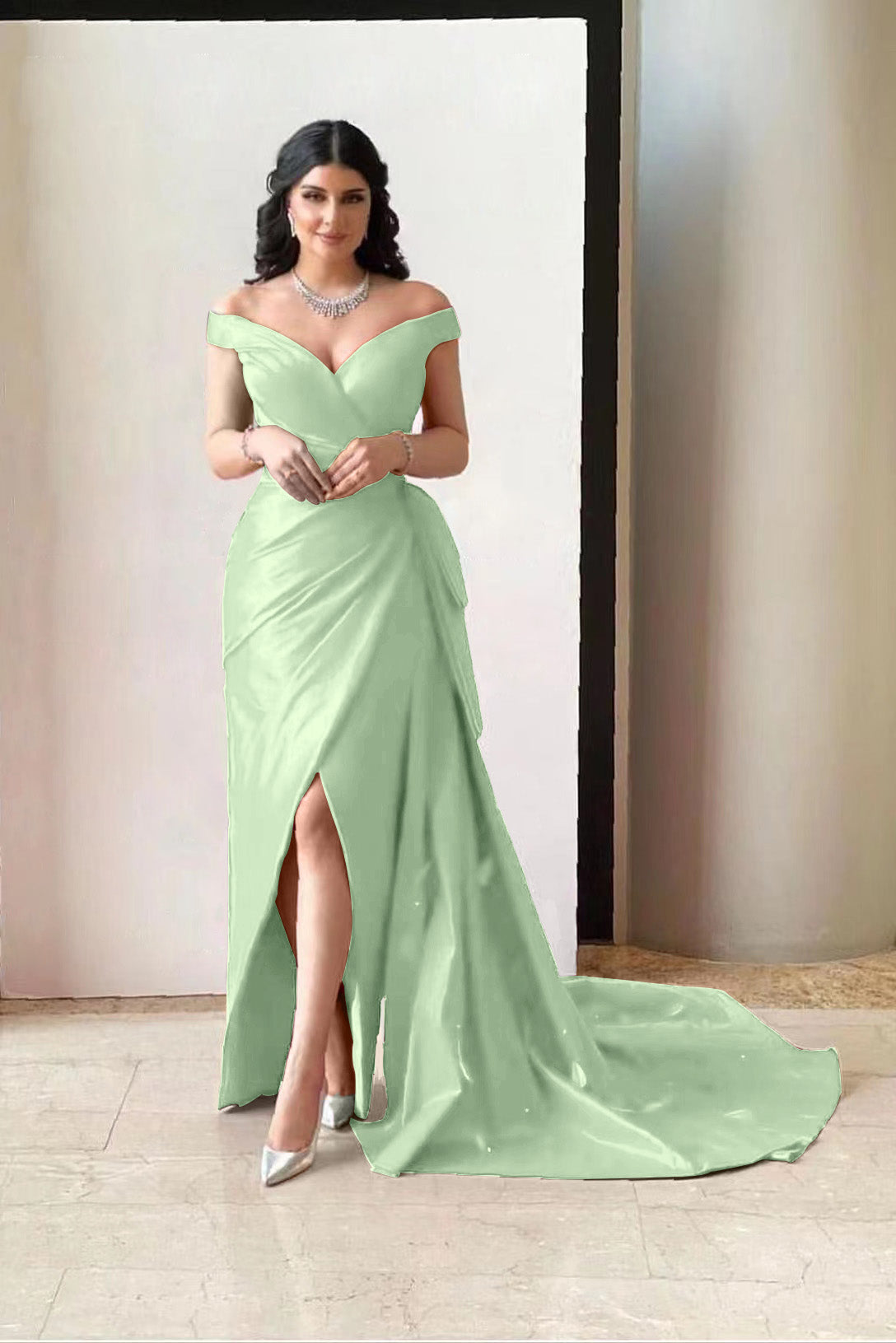 Amazing Fuchsia Off-The-Shoulder V-Neck Split Prom Dress With Pleated
