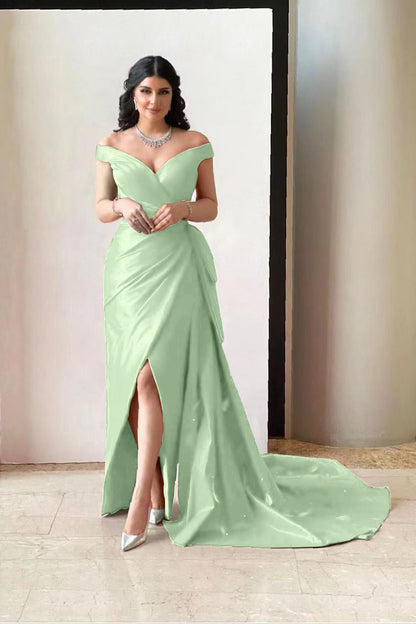 Amazing Fuchsia Off-The-Shoulder V-Neck Split Prom Dress With Pleated