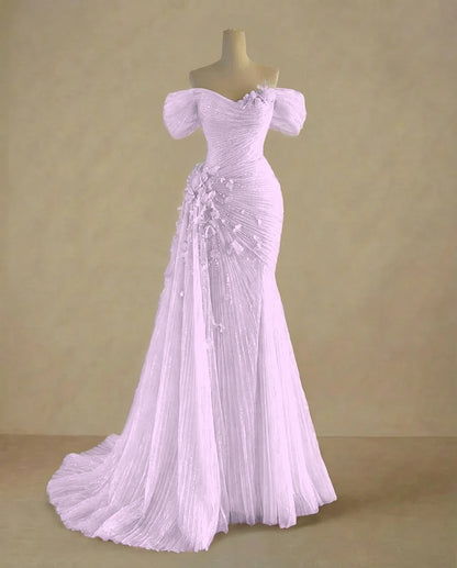 Dreamy Sky Blue Off-The-Shoulder Pleated Sequins Evening Dress With Side Train