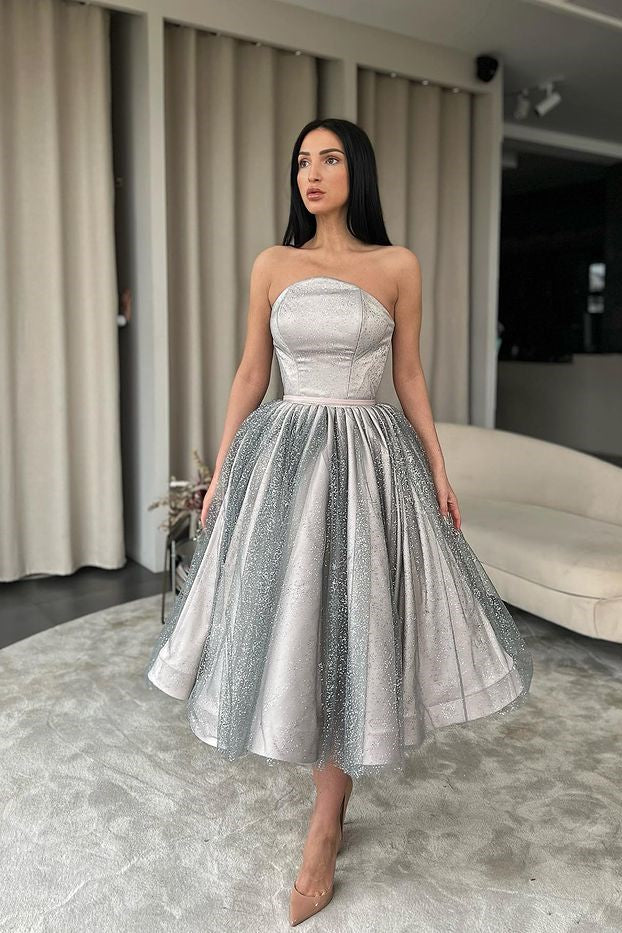Strapless Silver Short A-Line Prom Dress With Sequins