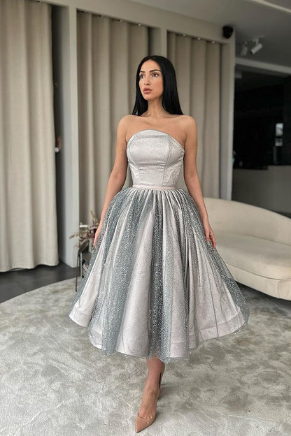 Strapless Silver Short A-Line Prom Dress With Sequins