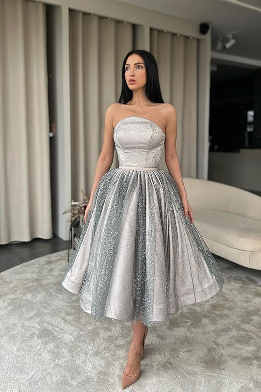 Strapless Silver Short A-Line Prom Dress With Sequins
