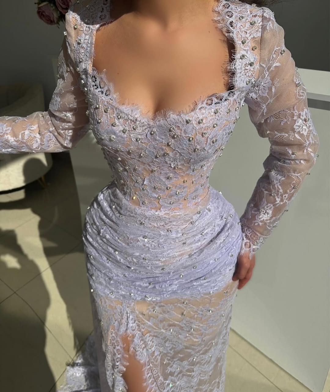 Long Sleeves Embroidery Square Mermaid Beads Prom Dress With Split