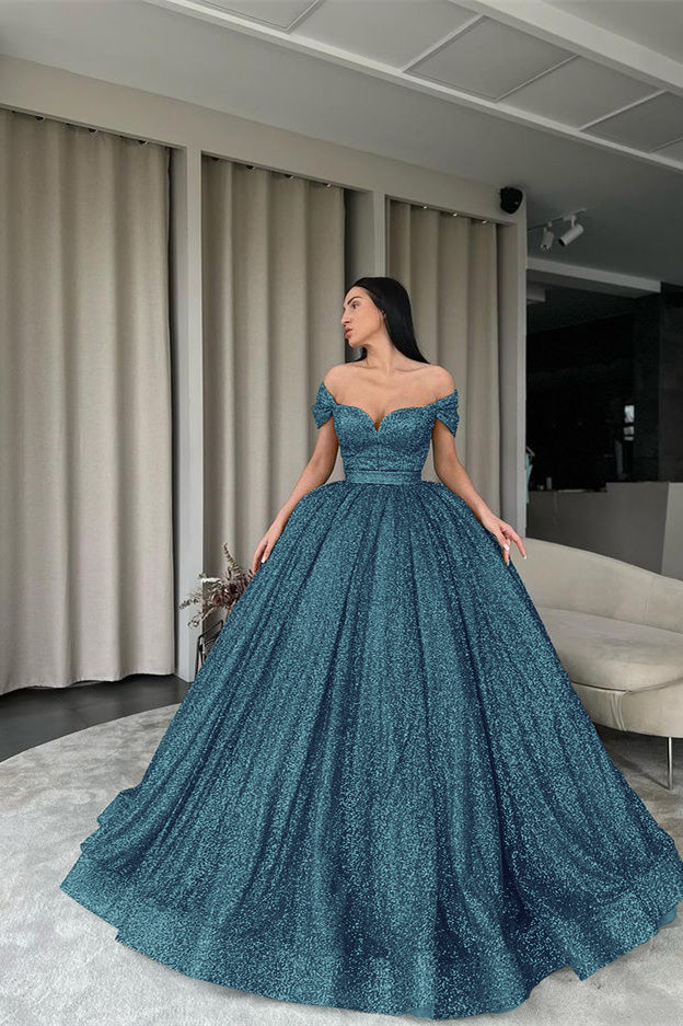 Green Off-The-Shoulder Evening Dress Ball Gown With Sequins