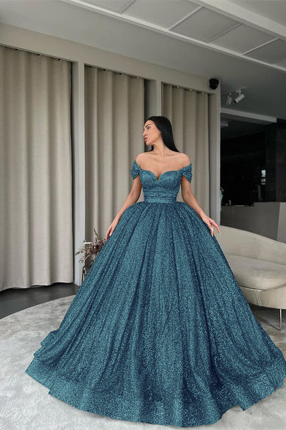 Green Off-The-Shoulder Evening Dress Ball Gown With Sequins