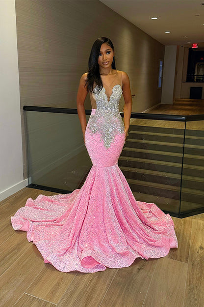 Glamorous Sliver And Pink V-Neck Mermaid Prom Dress  Sleeveless Leaky Back
