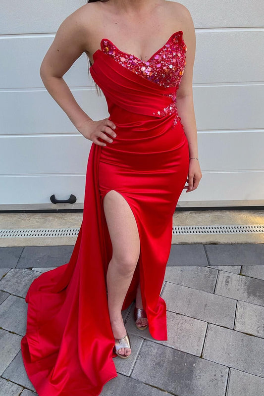 Red Sweetheart Long Sequins Mermaid Dress Split With Ruffles