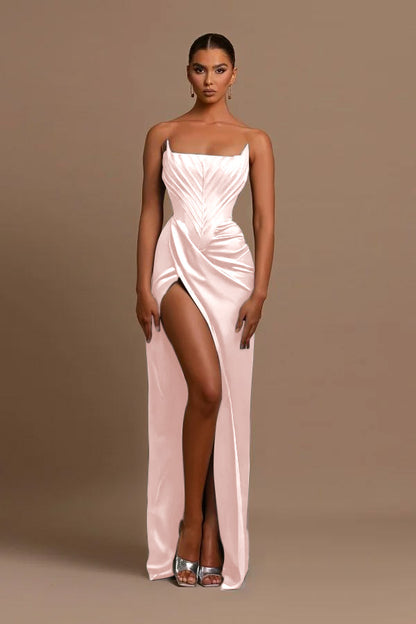 Elegant Dark Green Square Neck Slit Sleeveless Prom Dress With Pleats