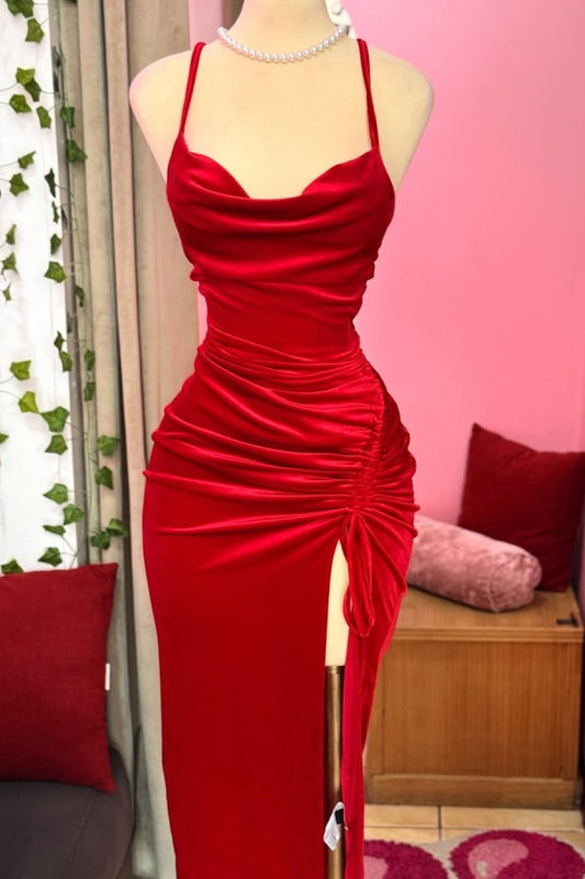 Red Velvet Spaghetti-Straps Short Homecoming Dress Sleeveless with Split