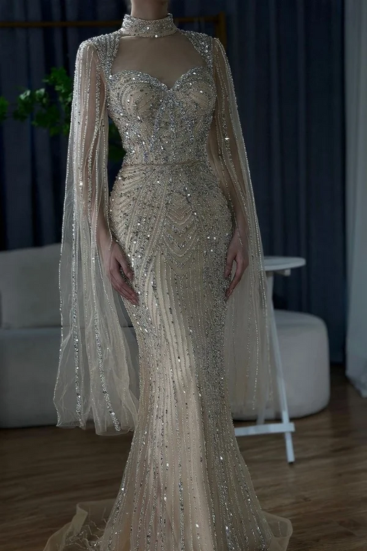 Luxurious High-Neck Sequins Sweetheart Mermaid Tulle Prom Dress