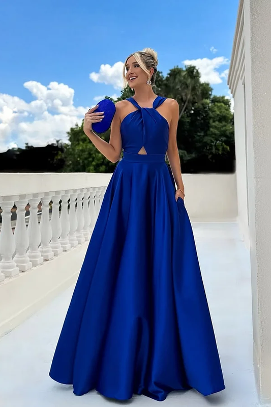 Royal Blue Sleeveless Halter Straps A-Line Prom Dress