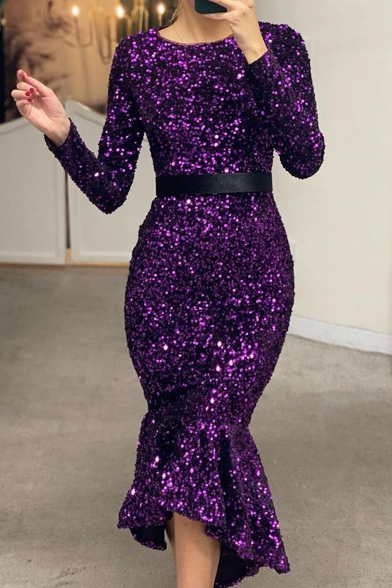 Mermaid Sequins Long Sleeves Prom Dress Online With Belt