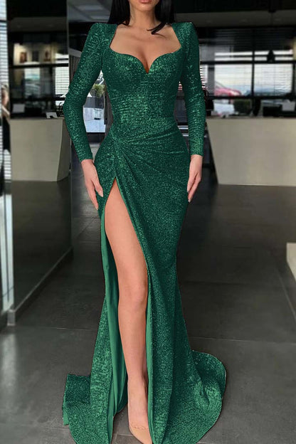 Long Sleeves Slit Evening Dress Mermaid With Sequins
